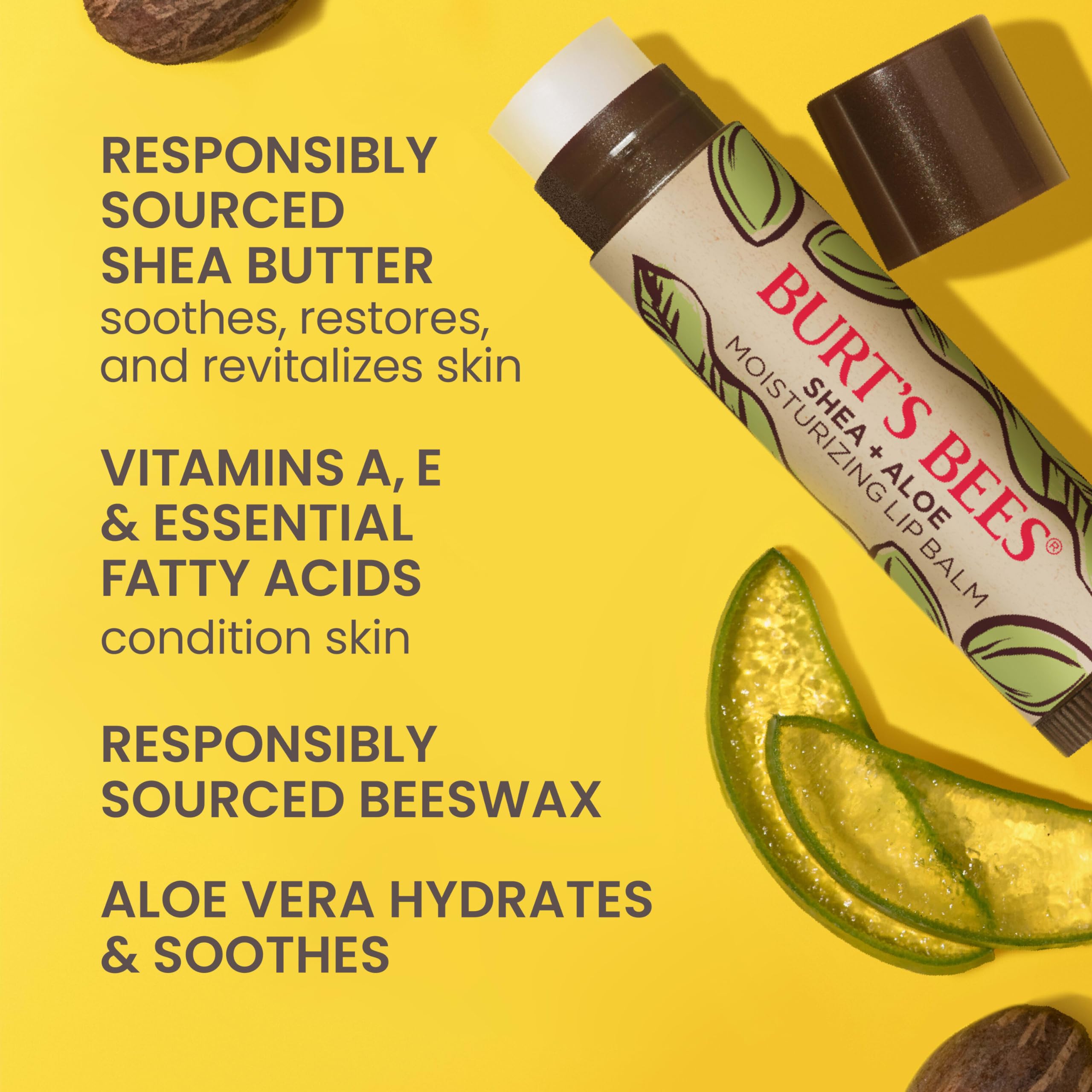 Burt's Bees Shea and Aloe Moisturizing Lip Balm, Lip Moisturizer With Responsibly Sourced Beeswax, Tint-Free, Natural Origin Conditioning Lip Treatment, 4 Tubes, 0.15 oz.